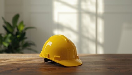 Worker with a yellow hard hat engaged in safety protocol at a desk, focusing on workplace safety measures