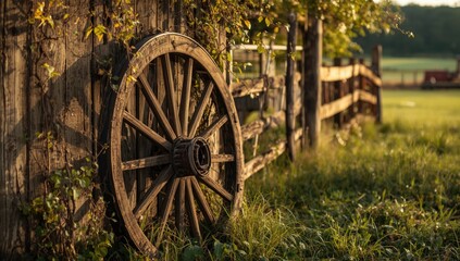 Weathered wagon wheel beside a vine-covered fence, ideal for use as an editorial header background