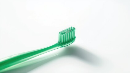 Close-up of a green toothbrush against a plain white background, focusing on oral care product design, ideal for beauty or health backgrounds, World Oral Health Day