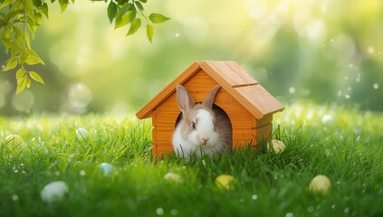 Fluffy bunny nestled in a colorful wooden structure, lying on bright green grass, highlighting animal shelter and environment