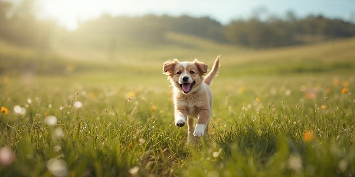 Young dog in motion across a grassy field, showcasing energetic behavior in outdoor environment