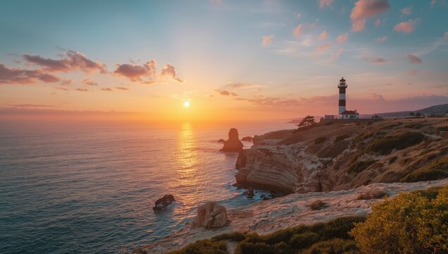 Early morning light illuminating Favaritx Lighthouse on Minorca Island, maritime safety feature
