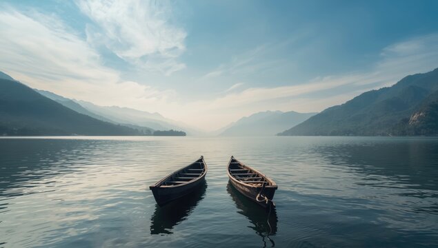 Serene waterfront with boats at rest, highlighting calmness and activity, ideal for nature and outdoor layouts