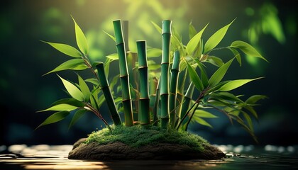 a cluster of vibrant green bamboo plants on a small mound of earth with light on them and creating a serene scene the bamboo is standing tall and showcases its natural beauty