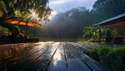 rain falls gently in a serene dimly lit atmosphere creating a calming effect on the surroundings