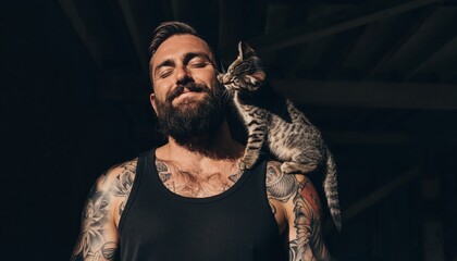 Happy bearded tattooed man smiles with a cute tabby kitten nuzzling his cheek while sitting on his shoulder in dramatic sunlight against a dark background