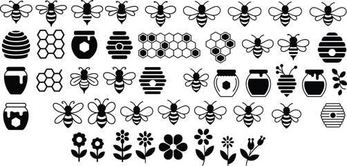 A comprehensive collection of charming bee, honey, honeycomb, and floral vector icons in black silhouette © ummehabiba8715