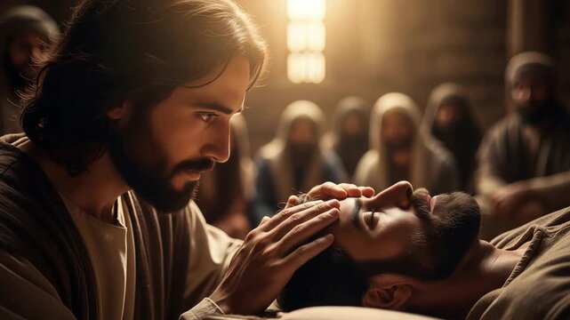 Jesus healing a man with a  gentle touch in historical setting while surrounded by disciples in a dimly lit room     