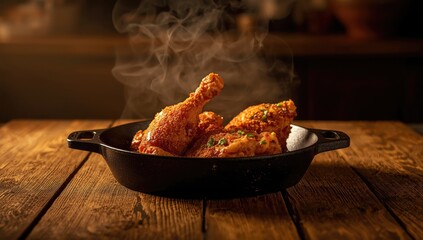 Crispy fried chicken in a skillet, highlighting cooking technique, ideal for kitchen maintenance and safety