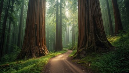 Fototapeta premium Redwood Forest with towering trees and a trail, highlighting environmental conservation
