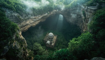 Large sinkholes named heaven and hell with a chapel inside paradise cave, highlighting natural and cultural features