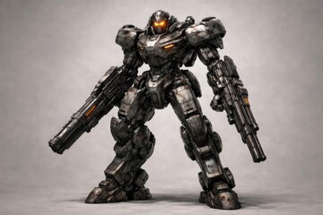 Fototapeta premium Advanced piloted mech warrior in metallic armor with wear marks on neutral background