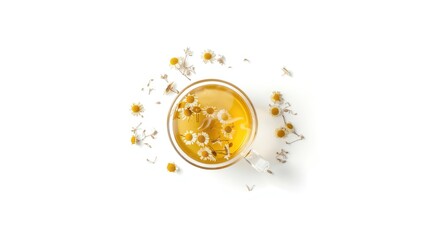 Herbal chamomile tea served in a cup on a white surface, focusing on natural relaxation and herbal remedy usage