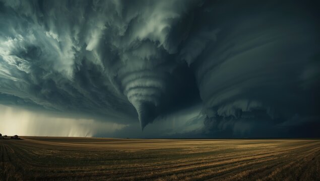 A distant tornado circulates under an ominous storm cloud above large agricultural fields in Montana, weather hazards