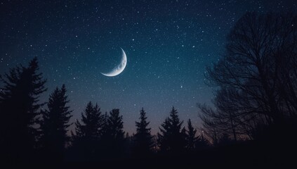 Night sky with bright stars and a crescent moon above a fall forest, suitable for background or layout design