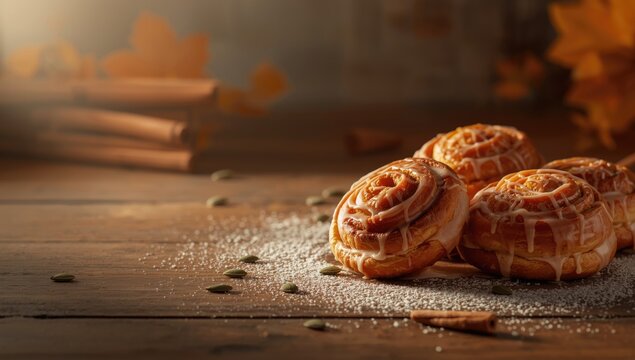 Freshly baked orange cinnamon rolls topped with white glaze, suitable for bakery display, International Bread Day
