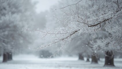 Hoarfrost-covered tree limbs during an overcast winter scene highlighting natural weather effects
