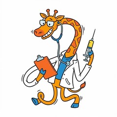Cartoon giraffe doctor holding clipboard and syringe in playful style  