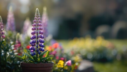 Obraz premium Colorful lupine in a container, highlighting ornamental gardening and plant maintenance
