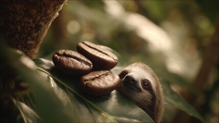 Cute sloth peeking at roasted coffee beans from Central America on tropical leaf in jungle setting