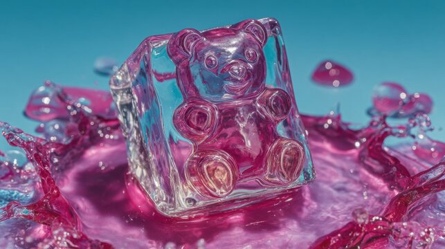 Clear pink gummy bear shaped ice cube splashing into vibrant pink liquid on blue background