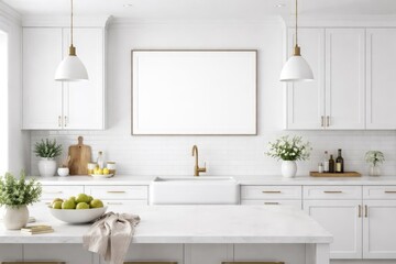 Modern white kitchen design featuring blank picture frame for exhibition displays