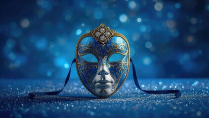 Colorful masquerade mask set against a luminous blue backdrop with bokeh, holiday event scene, Christmas and New Year festivities