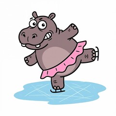 Fototapeta premium Happy hippo ice skating in pink tutu on frozen pond 