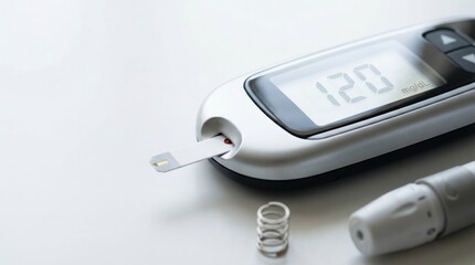 Close-up view of a blood glucose meter displaying a reading of 128 mg/dL with a test strip inserted and a lancet device nearby