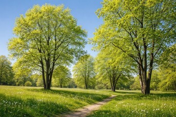 Obraz premium Peaceful spring scene with ash trees displaying new green leaves and a cloudless sky