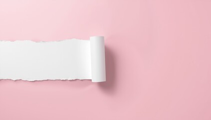 Pink background with ripped white paper roll serving as a visual backdrop for informational displays
