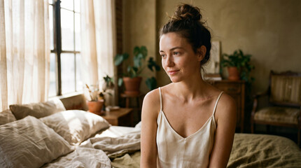 A young woman with a visible scar on her shoulder sits peacefully in a sunlit bedroom with natural d&eacute;cor.