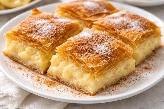 Golden bougatsa puff pastry topped with creamy filling presented on white plate