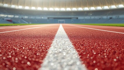 Athletic track lanes prepared for competitive running events, highlighting race setup and athlete positioning