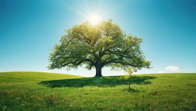 Majestic tree with lush foliage amidst a spring meadow, highlighting seasonal renewal and plant health