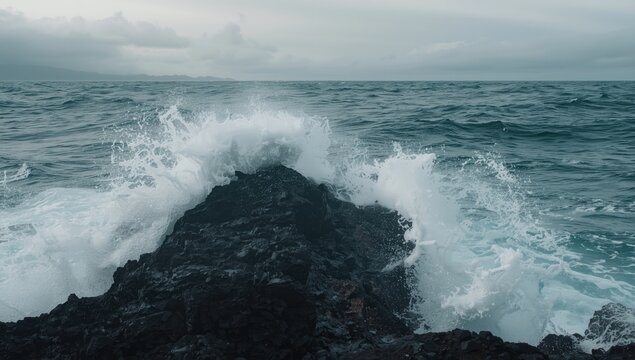 Pacific Ocean waves and ocean storm near basalt reef during cyclone activity, maritime safety focus