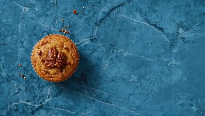 Banana nut bread muffins with pecans displayed on a blue marble background, ideal for bakery presentation