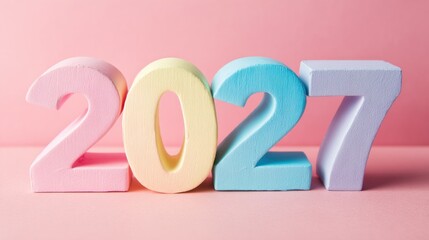 Colorful wooden numbers show the year 2027 on a light pink background