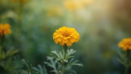Marigold blossom in outdoor garden, attracting insects, World Pollinator Week