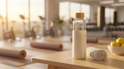 A serene yoga studio with a wooden water bottle, rolled mats, towel, and lemons on a table