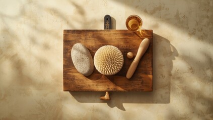 Bathroom accessories displayed on rustic wooden trays for organized storage, suitable for interior design layouts
