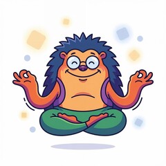 Cartoon hedgehog meditating in a yoga pose with colorful background  