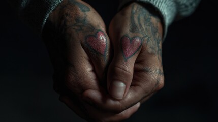 A close-up of intertwined hands with matching heart-shaped tattoos, dramatic lighting against a dark background, 8k, realistic, full ultra HD, high resolution, cinematic photography
