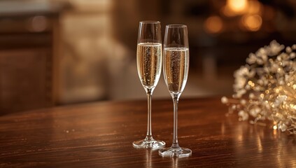 Detail shot of a wooden table with champagne glasses, highlighting material properties and surface reflection for layout use