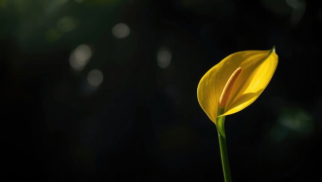 Yellow anthurium, or tailflower, flamingo, laceleaf, featuring a vibrant orange and green spadix on a plain background, suitable for floral design