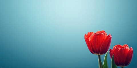 Fototapeta premium Red tulip flowers with dew drops captured in detail against a blue background, ideal for editorial header background, seasonal change