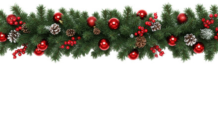 Lush, photorealistic christmas fir garland border decorated with vibrant red holly berries, frosted pine cones, and glossy red baubles, isolated on a white studio background with copy space. concept