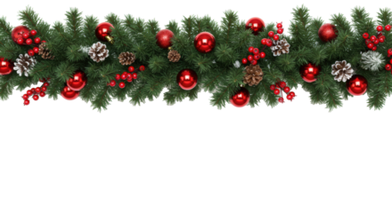 Lush, photorealistic christmas fir garland border decorated with vibrant red holly berries, frosted pine cones, and glossy red baubles, isolated on a white studio background with copy space. concept