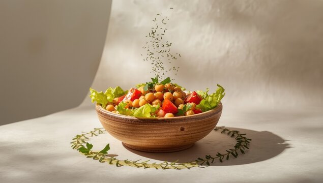 Chickpea salad with fresh herbs and vegetables used as a nutritious lunch option, emphasizing fiber density