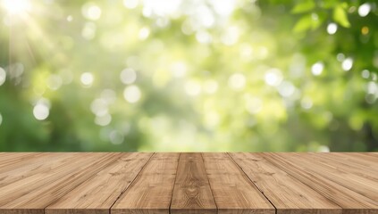 Wooden tabletop with sunlight filtering through leaves, ideal for product presentation or advertisement, Earth Day
